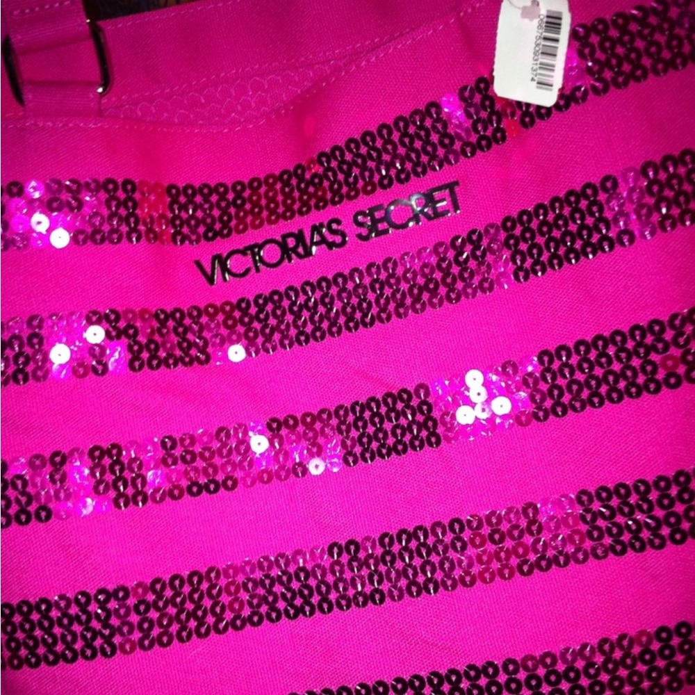 Victoria Secret Hot Pink Sequin Tote Canvas Striped Overnight Shoulder Bag New - Picture 5 of 14